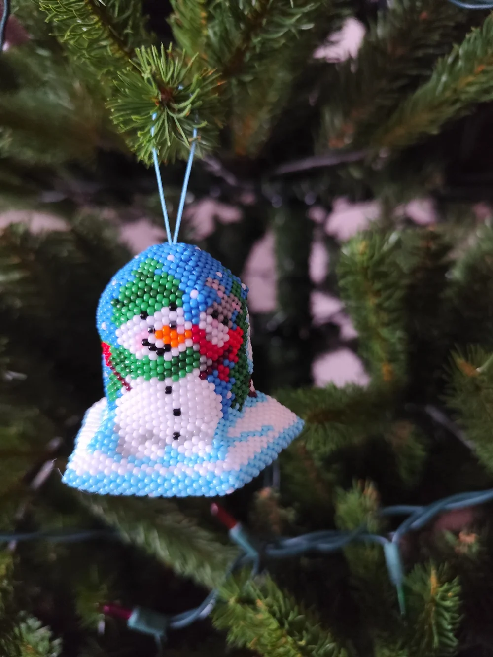 Handmade Blue Beaded Snowman Holiday Ornament